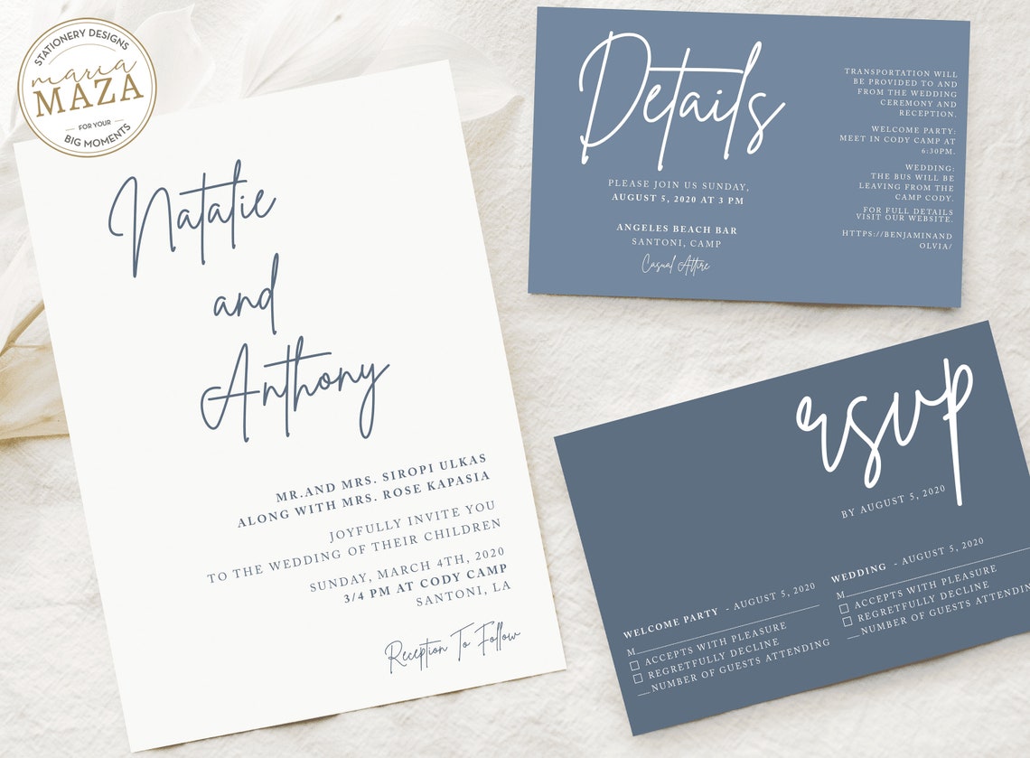 Navy Blue Wedding Invitation Template Wedding Invitation With - Etsy