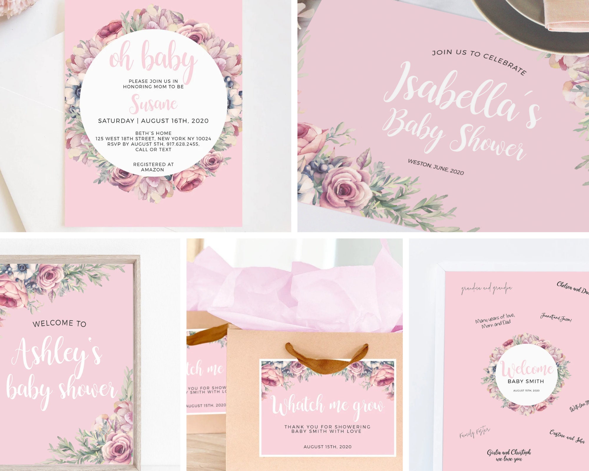 Full set party decor mommy to be, Baby shower invitation girl instant download, Watercolor flowers png, Oh baby shower pink decorations