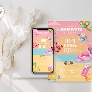 Sommerparty Einladung Mädchen, Pool Party Einladung Mädchen Sofort Download, Strand Geburtstagsparty Einladung, Hello Sommer Geburtstag Mädchen,