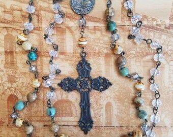 Bronze and crystal long necklace Rosary style necklace Virgins Saints and Angels inspired. Tudor style Religious Vintage crystal pendant