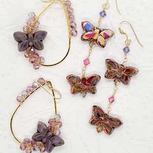 Butterfly earrings. Czech glass butterfly dangle drop earrings. Swarovski Crystal hoops. Bohemian style earrings. Handmade jewelry. OOAK