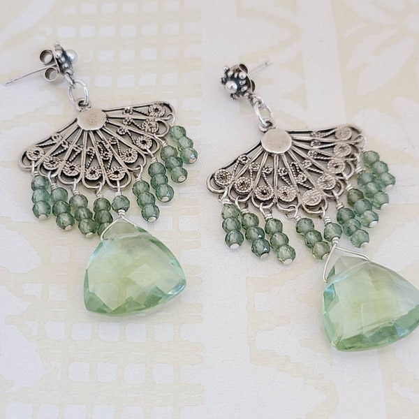 Sterling Silver chandelier earrings. Green Apatite dangle drop earrings. Sterling silver post earrings. Victorian style Valentine's Day gift