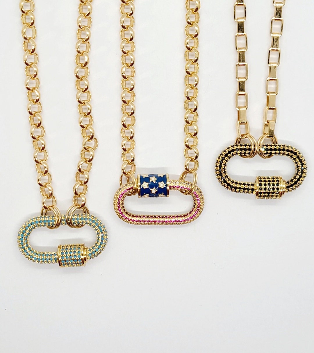 Chunky Jewelry. Gold Chains. Patriotic Jewelry. CZ Pave Carabiner Screw ...