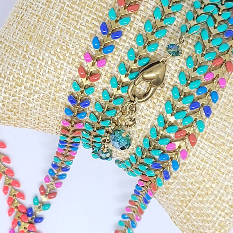 Enamel Chevron chain necklace Wrap bracelet. Minimalist Lampwork Flat Arrow Fishbone Layering necklace Feather Herringbone style chain