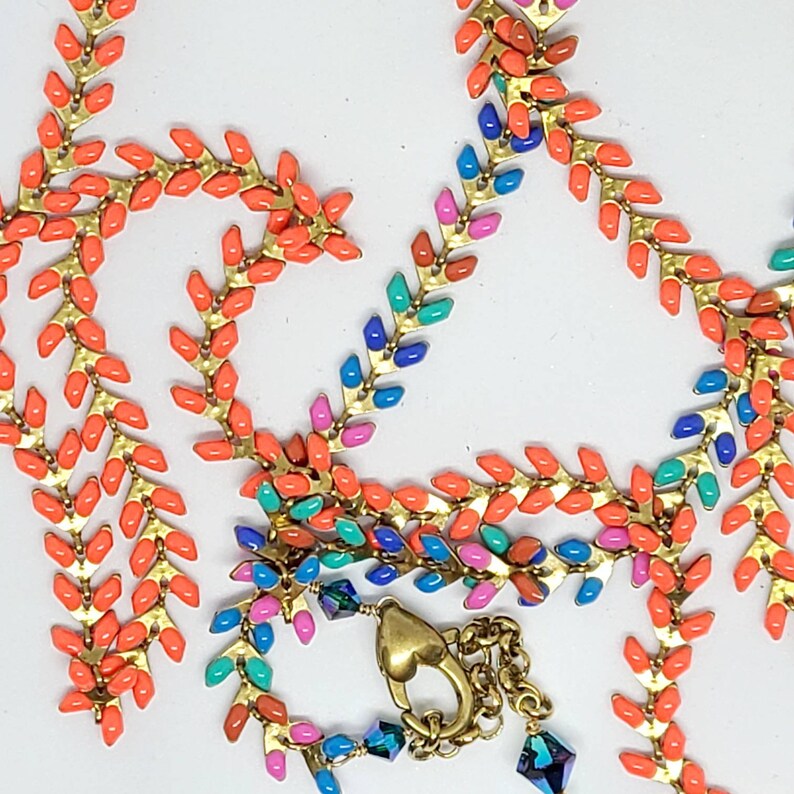 Enamel Chevron chain necklace Wrap bracelet. Minimalist Lampwork Flat Arrow Fishbone Layering necklace Feather Herringbone style chain