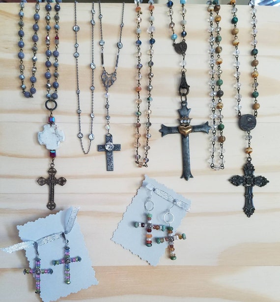 Bronze and crystal long necklace Rosary style necklace Virgins Saints and Angels inspired. Tudor style Religious Vintage crystal pendant