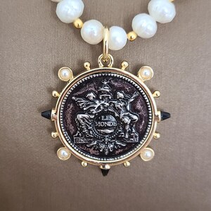 Reproduction French coin pearl necklace.  Classic Statement necklace. Faceted freshwater pearls. Elegant Vogue inspired couture necklace.