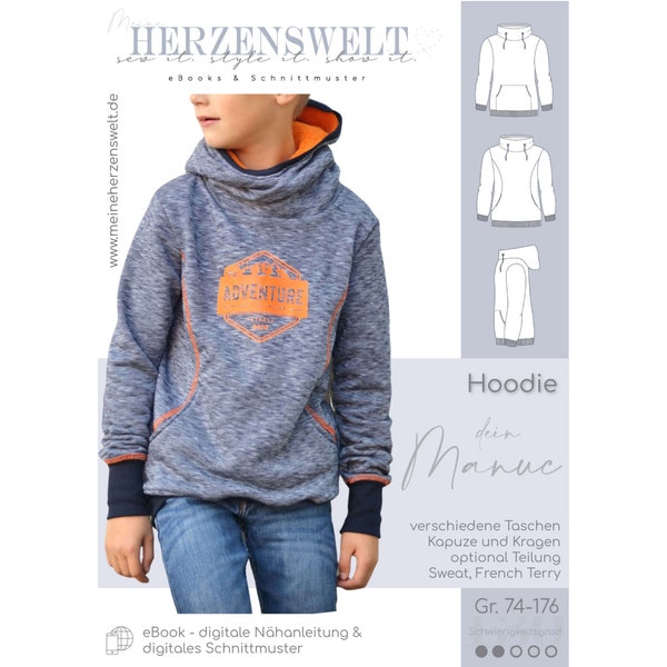 Hoodie Kinder – eBook Schnittmuster Gr. 74-176 – dein Manuc #130