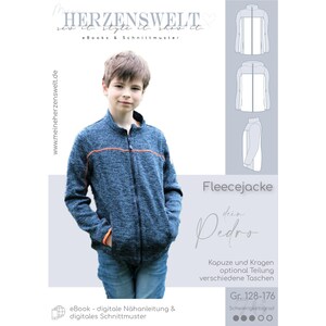May include: A digital sewing pattern for a fleece jacket called "Pedro". The pattern includes instructions for a hood, optional split, and various pockets. The pattern is available in sizes 128-176.