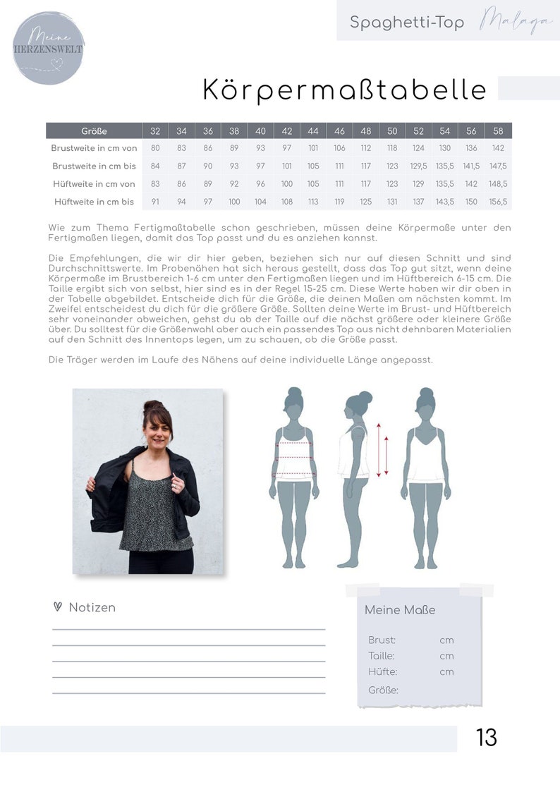 May include: Size chart for a spaghetti strap top with measurements in centimeters. The chart shows bust, waist, and hip measurements for sizes 32 to 58. The chart also includes a diagram of a woman wearing the top.