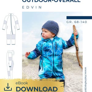May include: A blue and white geometric pattern outdoor overall for children, with the text "OUTDOOR-OVERALL EDVIN" and "eBook DOWNLOAD". The image also shows a child wearing the overall and a matching striped hat.