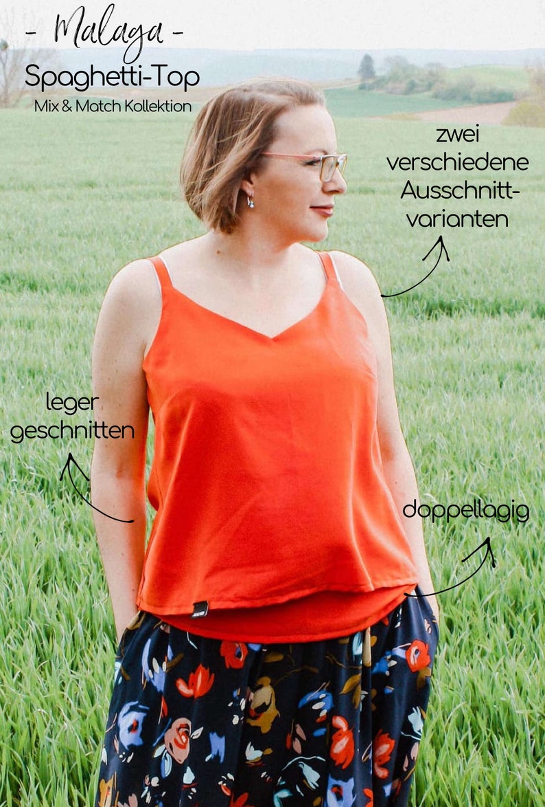 May include: A red spaghetti strap top with a V-neckline. The top is loose fitting and has a double layer. The text "Malaga - Spaghetti-Top Mix & Match Kollektion" is visible at the top of the image. The text "zwei verschiedene Ausschnitt-varianten" is visible on the right side of the image. The text "leger geschnitten" is visible on the left side of the image. The text "doppellagig" is visible on the right side of the image.