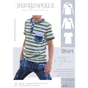 Puede incluir: Un patrón de costura para una camisa de niño llamada "Theo" con tapeta de botones opcional, diferentes variaciones de manga, parche en el codo y dobladillo en capas. El patrón está disponible en las tallas 134-176 cm.