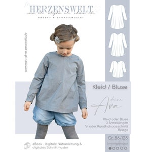 Könnte beinhalten: Ein digitales Schnittmuster für ein Mädchenkleid oder eine Bluse namens "deine Ava". Das Schnittmuster beinhaltet drei Ärmellängen, einen V-Ausschnitt oder einen runden Ausschnitt und Anleitungen zum Nähen des Kleidungsstücks. Das Schnittmuster ist in den Größen 86-128 erhältlich.