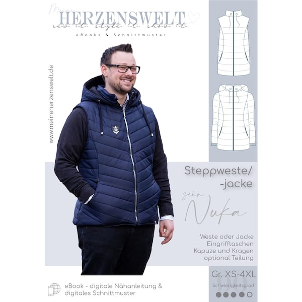 Steppweste/Jacke Herren Schnittmuster Gr. XS-4XL -NUKA #90 - deutsch