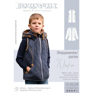 May include: A digital sewing pattern for a quilted vest or jacket with a hood. The pattern is called "Nufa" and is available in sizes 86-128. The pattern includes instructions for adding pockets, a hood, and a collar.