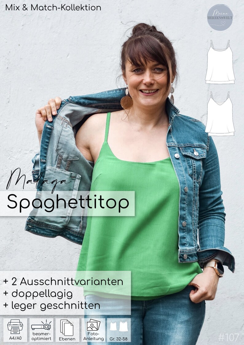 May include: A green spaghetti strap top with a denim jacket. The text "Malaga Spaghettitop" is written in black on a white background. The text "+ 2 Ausschnittvarianten + doppellagig + leger geschnitten" is written in black on a white background. The text "A4/A0 beamer-optimiert Ebenen Foto-Anleitung Gr. 32-58 #107" is written in black on a white background.