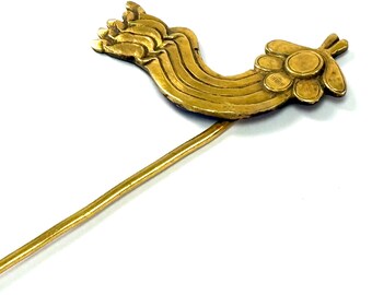 Vintage hairpin - peacock, bird, dragon (?) | decorative hair stick, hair stick, Binyeo, gold-colored, brass, brooch, Mid-Century Design Era