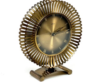 Exklusive große Mid Century Sunburst Tischuhr Standuhr - ATLANTA 4 JEWELS, JUNGHANS Quarz Uhr | Western Germany, 50er, 60er, Messing, selten