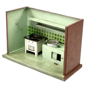 antique metal doll&#39;s kitchen with stove and sink - around 1900 to 1920 | very rare, tin toy, children&#39;s toy, shabby chic, doll&#39;s house