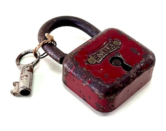 large antique SUL padlock / U-lock | Chest lock, with 1x key, 50s, 60s, used look, industrial design, patina