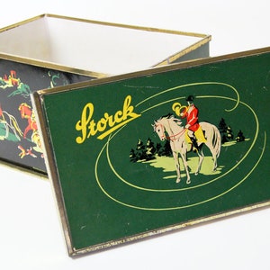 große 60er Jahre Papp-Schatulle der Firma Storck - Blechdose / Dose / Utensilo / Schachtel - alte Werbung, Bonboniere, Pferd, reiten,