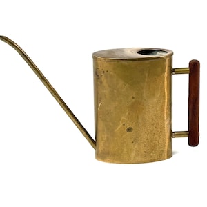 Könnte beinhalten: Eine Vintage-Gießkanne aus Messing mit langem, schlankem Ausguss und Holzgriff. Die Kanne hat einen zylindrischen Körper und eine kleine Öffnung oben. Der Griff ist aus dunklem Holz gefertigt und mit Messingbeschlägen an der Kanne befestigt. Die Gießkanne ist für den Innen- und Außenbereich konzipiert.