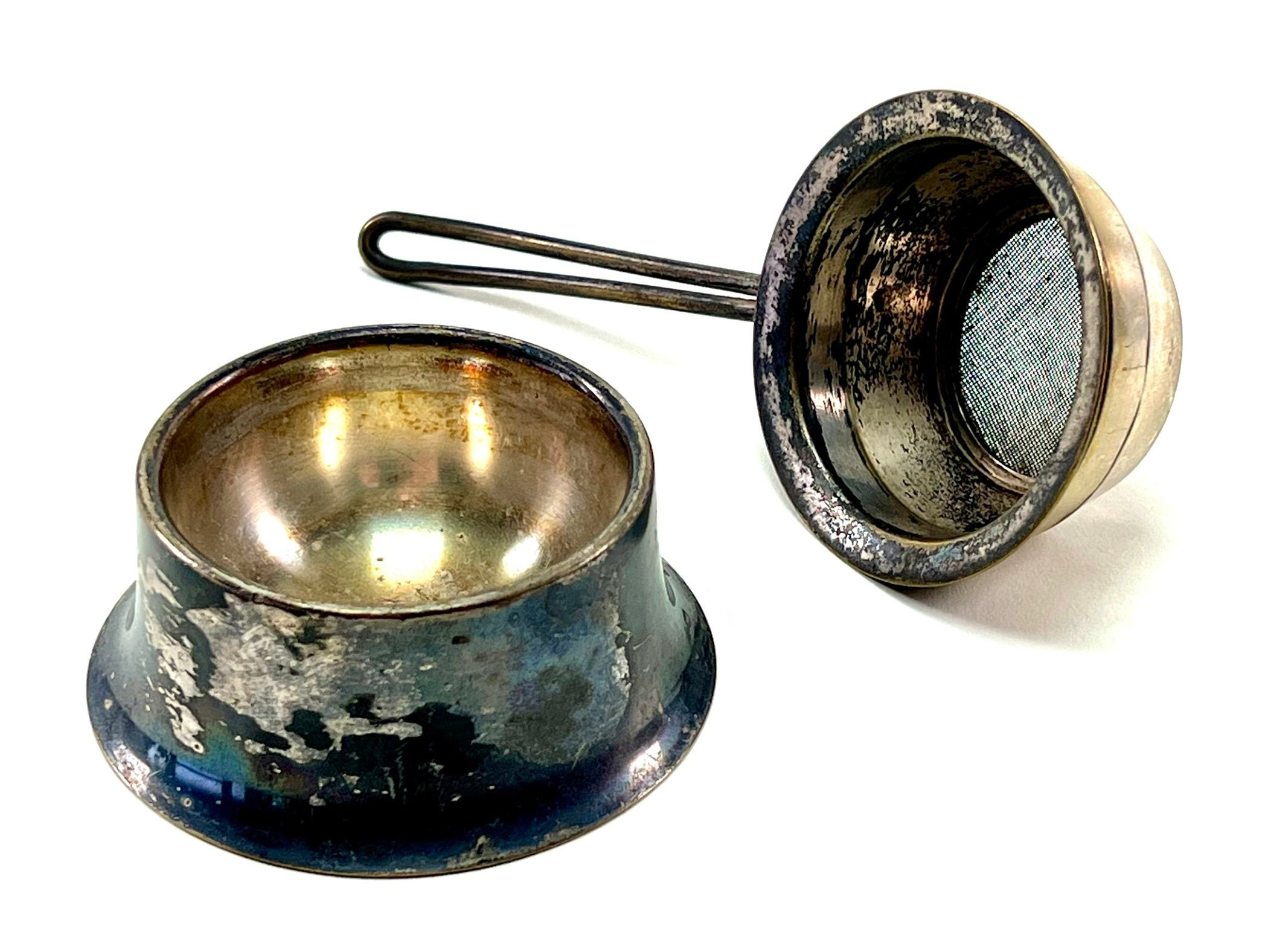 antique tea strainer with drip cup - silver-plated, around 1900 | tea filter, coffee filter, filter, coffee strainer, tea, coffee, strainer, kitchen strainer, rare!