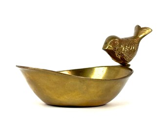 Small vintage brass bowl with bird | Jewelry dish, ring dish, decorative dish, Mid-Century, 1960s, Danish Design era