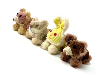 4 pieces small 60s / 70s plush toys - rabbit, lion, dog, fox | handmade, unique, plush toy, stuffed toy, corduroy, corduroy animal, 60s