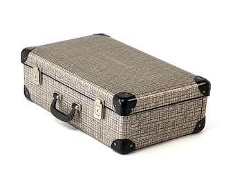 1960s vulcanized fiber suitcase with edge protection - grey/silver | GDR, travel suitcase, storage case, tray, side table, nightstand, storage