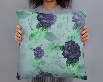 Dark Purple and Pale Green Decorative Pillow, 18 x 18, 22 x 22 Pillow Cover and Insert• Beautiful Floral Decorative Pillow, Throw Pillows