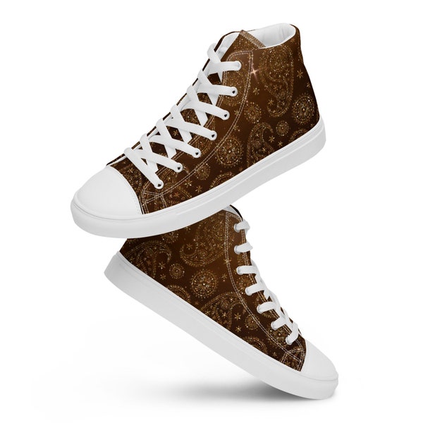 Women's Brown Paisley Hi-Top Sneakers, Stylish Teen Streetwear Shoes, Versatile Everyday Women’s Shoes, Great Shoe Gift for Her, Brown Shoes