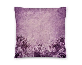 May include: Purple throw pillow with a vintage floral design. The pillow features a textured background with a border of purple roses.