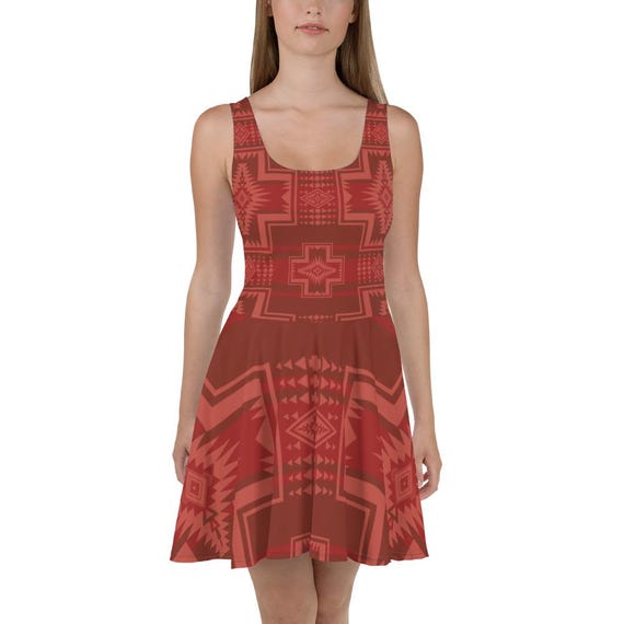 Women's Red Skater Dress, Modern A-Line Dress with Native American Print, Ideal for Casual Wear or Special Occasions, Stylish Gift for Her