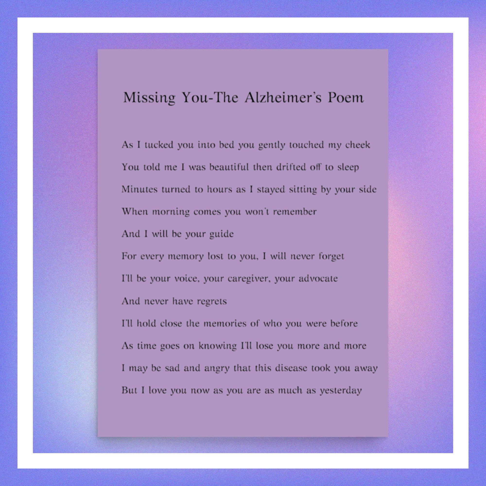 Alzheimer's Awareness missing You Touching Poem, Supportive Alzheimer's ...