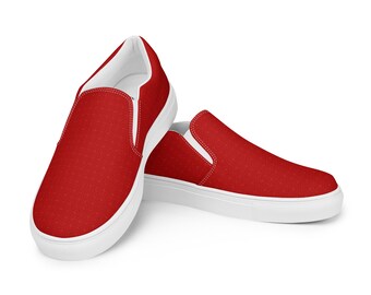 Women’s Red Canvas Slip-On Shoes, Minimalist Pattern Sneakers, Casual Everyday Flats, Comfortable Fashion Shoes, Shoe Lover Gift for Her
