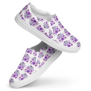 Women&#39;s Purple Floral Canvas Slip-On Shoes, Vibrant Mexican Flower Design for Effortless Style, Great Gift for Fashion Lovers, Women&#39;s Shoes