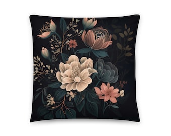 Floral Throw Pillow with Black Background 18x18, 22x22 & Lumbar Pillow, Chic Home Decor Essential, Decorative Thow Pillow Cover with Insert