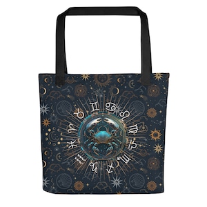 Cancer Zodiac Sign Tote Bag, Colorful All-Over Pattern Zodiac Tote Bag, Vibrant Astrology All-Over Print Tote, Unique Horoscope Lover Gift