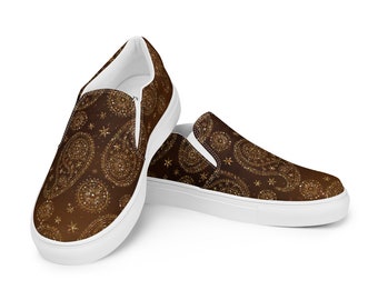 Dark Brown Paisley Women's Canvas Slip-On Shoes, Fashionable Shoes for Everyday Wear, Canvas Shoes for Casual Outings, Great Shoe Gift Idea