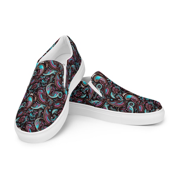 Purple Paisley Canvas Slip-On Shoes, Floral Pattern Women's Footwear, Fashionable Gift for Her, Stylish Canvas Footwear, Boho Purple Shoes