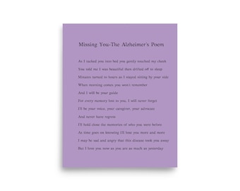 Alzheimer&#39;s Awareness - &quot;Missing You&quot; Touching Poem, Supportive Alzheimer&#39;s Journey Keepsake, Compassionate Gift for Caregivers & Families