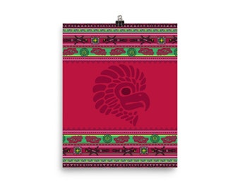 May include: A red poster with a stylized black and green Aztec design. The center of the poster features a red eagle head with a black eye.