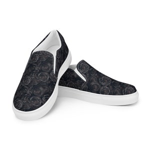 Women&#39;s Black Roses Slip-On Canvas Shoes, Comfortable Casual Footwear, Perfect Shoes for Everyday Wear, Unique Gift for Her, Floral Slip-Ons