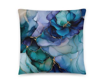 Almohada decorativa con diseño floral azul, 18 x 18, 22 x 22, funda de almohada y relleno • Hermosa almohada decorativa lumbar de color azul, almohadas decorativas