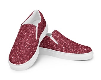 Women's Burgandy Sparkle Slip-On Shoes, Trendy Comfortable Canvas Footwear, Burgandy Glitter Shoes, Unique Birthday Gift for Fashionistas