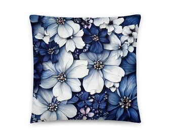 Home Decor Statement Piece, Beautiful Blue Floral Throw Pillow, Ideal for Adding Color to Any Room, Stunning Blue Floral Throw Pillow