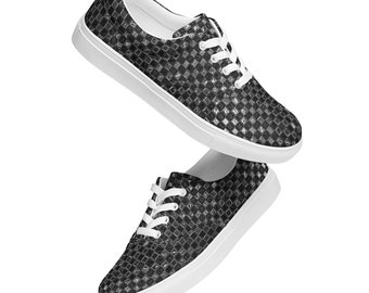 Men's Black and Silver Checkered Canvas Sneakers, Stylish Lace-Up Shoes, Casual Footwear, Perfect Gift for Him, Trendy Everyday Wear