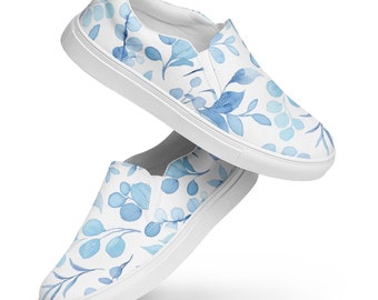 Women's Shoes - Light Blue Floral Canvas Slip-On, Fashionable Women's Spring Shoes, Unique Birthday Gift, Comfy Spring Footwear